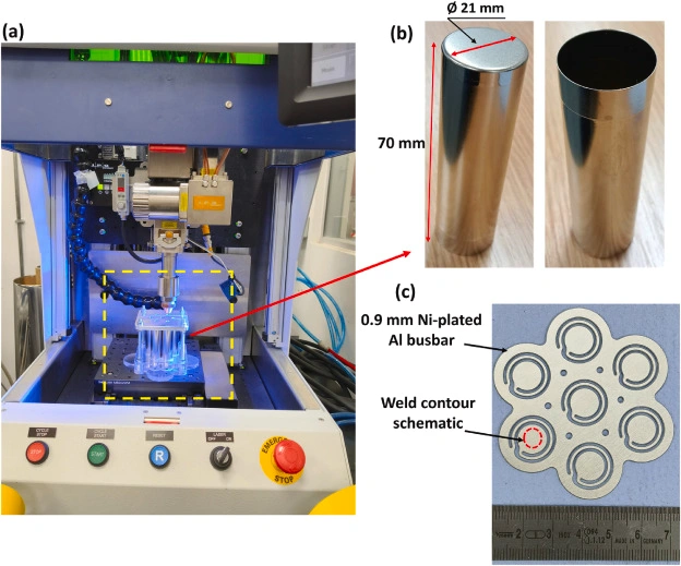 laser welding head precisely joining the busbars on an electric vehicle battery module