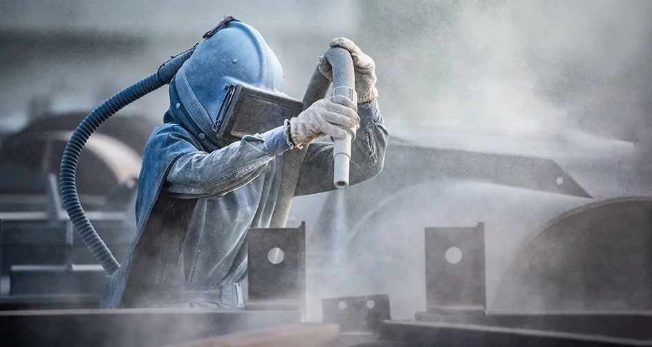 A worker is using abrasive blasting
