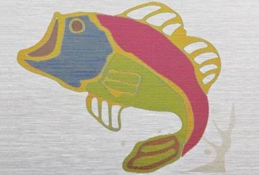 Stylized fish design with multiple colors including pink, yellow, blue, and green, achieved through MOPA laser color marking on a brushed stainless steel surface.