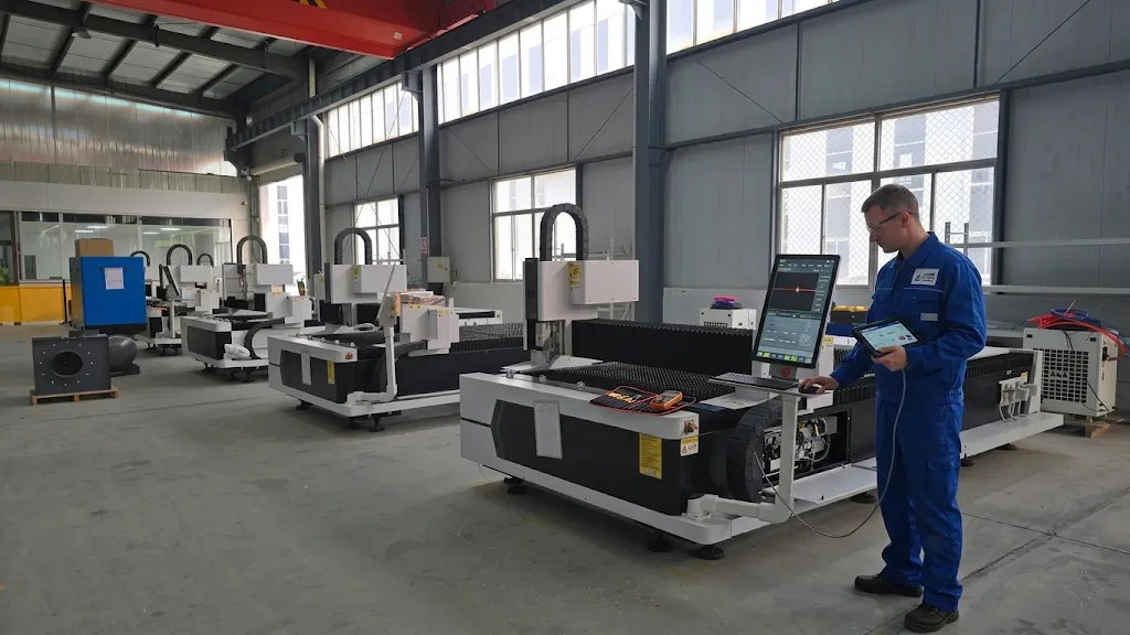 Engineer inspecting an old laser cutting machine before refurbishment or replacement