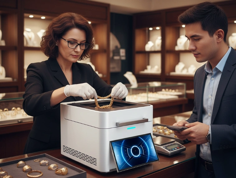 xrf gold analyzer is testing gold necklace