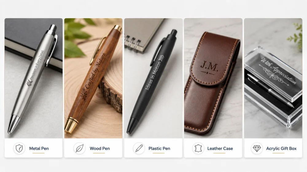 laser engraving materials comparison for metal pen, wood pen, plastic pen, leather case, and acrylic gift box
