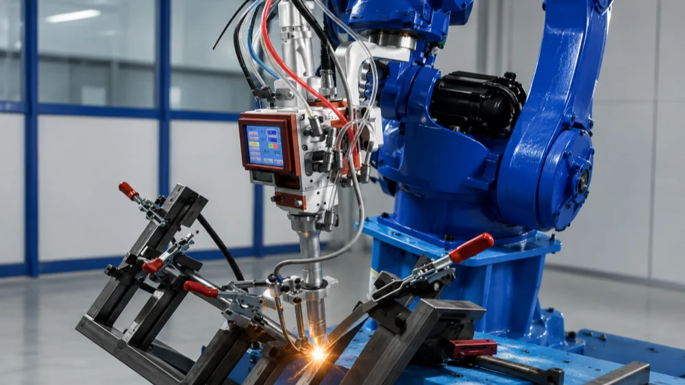 robotic laser welding machine welding metal frame with industrial fixture