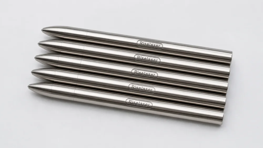stainless steel pens engraved with Riselaser logo by fiber laser marking