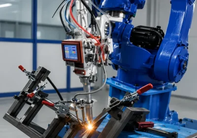 robotic laser welding machine welding metal frame with industrial fixture